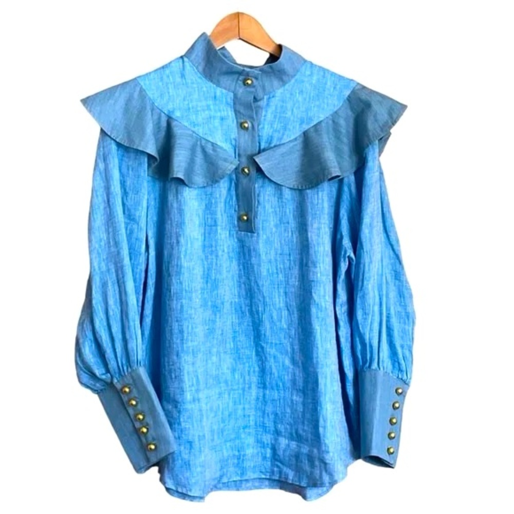 Tuckernuck Chambray Linen Mirabella Ruffled Shirt Size XXS